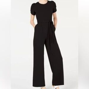 NWT Calvin Klein Jumpsuit Tulip Sleeve Belted Wide Leg Pockets 10 Charcoal Gray